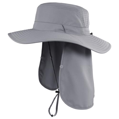 Connectyle Men's Wide Brim Sun Hat with Neck Flap UPF 50+ Packable Breathable Boonie Bucket Hat for Fishing Hiking Safari - color: Light Grey
