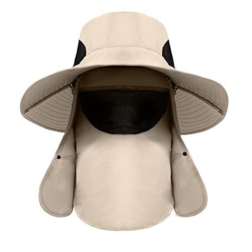 Fishing Hat for Men, UPF 50+ Removable Sun Protection Cap with Face Neck Flap, Hiking & Garden Summer Sun Hat for Women (US, Alpha, One Size, Khaki)