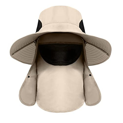 Fishing Hat for Men, UPF 50+ Removable Sun Protection Cap with Face Neck Flap, Hiking & Garden Summer Sun Hat for Women (US, Alpha, One Size, Khaki)