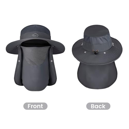 Sun Hats for Men Women, UPF 50+ Waterproof Bucket Hat, Wide Brim Fishing Hat with Removable Face Cover & Neck Flap - color: Dark Grey