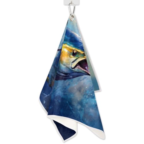 Blue Sea Ocean Fish Golf Towel for Men Women Ultra-Absorbent Towels for Golf Bag with Clip Ball Cleaner Funny Accessories Gifts Golf Carts & Clubs Rag Tennis Towel Microfiber Design 24"x15"