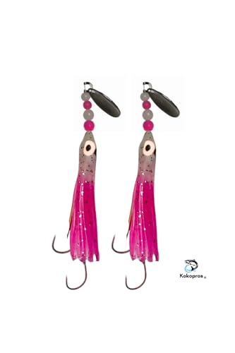 Squid Fishing Hoochies 10 Pack -Glow Fresh Water Kokanee Salmon Trolling Lures with Pre-Rigged Octopus Hooks - Spinner Blades, Synthetic Skirts Kokanee Hoochies for Salmon Fishing - style: Micro Hoochies 10-pack