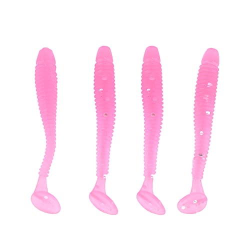 50PCS Fishing Lures Bass Worm Bait, 5cm Soft Plastic Fishing Lures T Tail Grub Worm Baits Fish Tackle Accessory - color: Pink