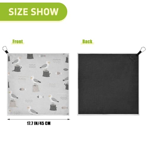 Seagull Fish Gray Print Magnetic Golf Towel for Golf Bags Microfiber Golf Essentials for Men Women with Carabiner Clip Attaches to Carts and Clubs, 17.7"x17.7"