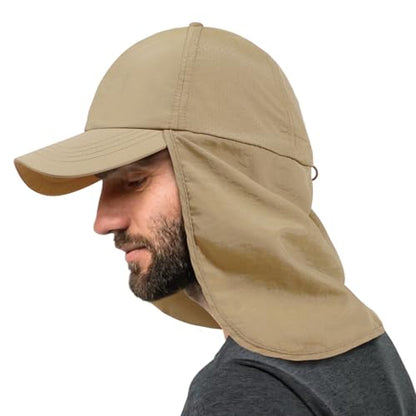 Mens XXL Sun Hats with Neck Flap UPF 50+ Waterproof Baseball Cap Adjustable Breathable Quick Dry Outdoor Fishing Hat - color: Khaki, size: X-Large-XX-Large