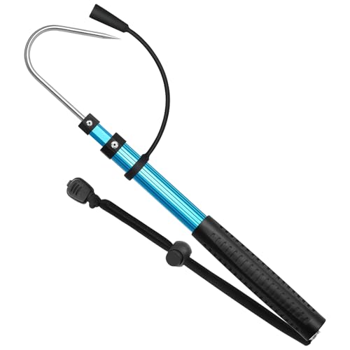 SANLIKE Telescopic Fishing Gaff, Aluminum Pole, Stainless Steel M8 Hook | Ultralight 4.62oz aluminum telescopic gaff (11.4"-24") with nonslip rubber handle, sharp stainless hook & safety lanyard - color: Blue, size: S-Extended 24"