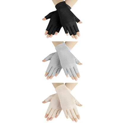Senkary 3 Pairs Sun UV Protection Gloves Non Slip Cotton Fingerless Driving Biking Sunscreen Nail Manicure Gloves for Women - color: Khaki, Gray and Black