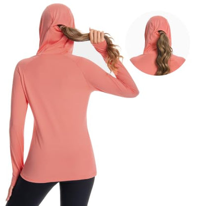 BASSDASH Women’s UPF 50+ Hoodie Shirt with Breathable Face Mask - color: Peach Amber, size: Small