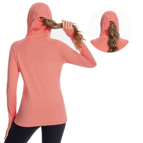 BASSDASH Women’s UPF 50+ Hoodie Shirt with Breathable Face Mask - color: Peach Amber, size: Medium