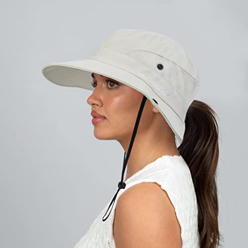 Sun Hat for Women Summer UV Protection Beach Hat Wide Brim Mesh Bucket Fishing Hat with Ponytail Hole Foldable Packable Hat - color: Beige(with Ponytail Hole)