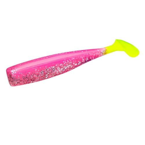 Lunker City Fishing Shaker 3.25" Swimbait Soft Plastic Bass Walleye Lure Saltwater Swimming Tail Action Pike Swim Bait, 7 Per Bag, Made in The USA - color: 186 Bubblegum Ice/ Chartreuse Tail