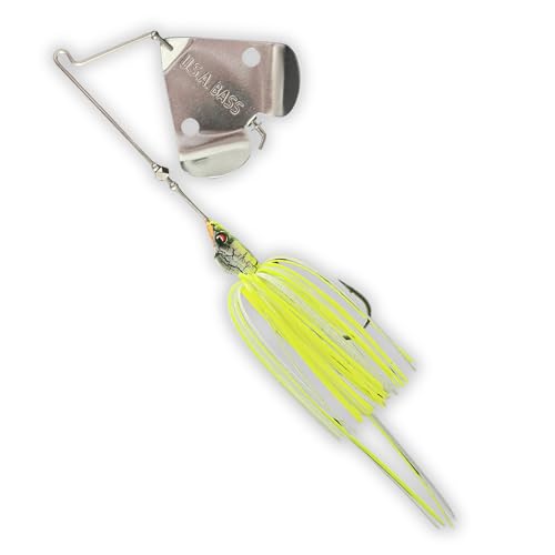 USA BASS Tackle Stiletto Buzzbait Largemouth Smallmouth Spotted Bass Premium Fishing Bait Hover Head Custom Silicon Skirt Mega Bubble Blade Clacker Heavy Duty Hook - color: White Chartreuse