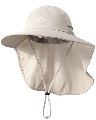 FURTALK Sun Hats for Men Women Fishing Hat with Neck Flap Chin Strap UPF 80+ Wide Brim Hiking Safari Summer Hats - color: Light Grey