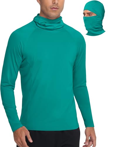 Roadbox Men's UPF 50+ Sun Shirt Long Sleeve Fishing Hoodie, UV Protection Hooded Rash Guard with Mask for Hiking Running - color: Ocean Teal, size: Large