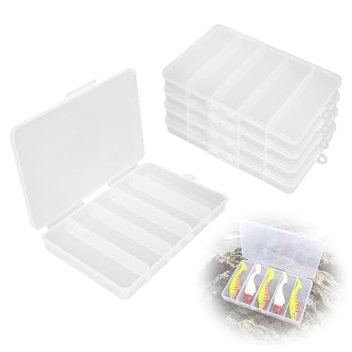 5 Pack 5-Grid Clear Plastic Fishing Tackle Accessory Box, 7" x 4.5" x 0.86" | Ideal for Fishing Hooks/Lures/Plastics, Also Fits Jewelry, Board Game Storage, Screws, Bobby Pins & DIY Crafts Beads Earrings