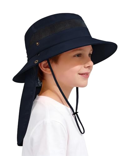 Century Star Kids Sun Hat with Detachable Neck Flap,UPF 50+ Windproof Waterproof Beach Bucket Hat Outdoor Fishing Safari - color: Navy Blue