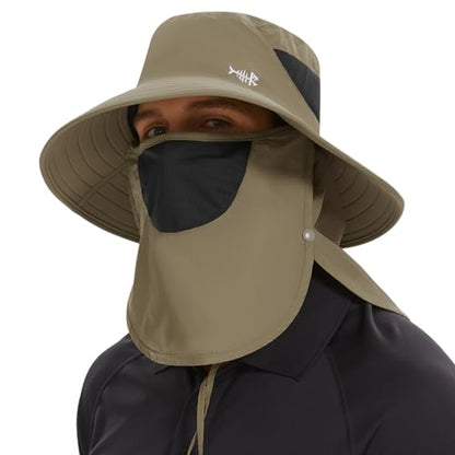 BASSDASH UPF 50+ Breathable Sun Hat with Removable Face Cover and Neck Flap Wide Brim Bucket Hat for Fishing Hiking Men Women - color: Khaki