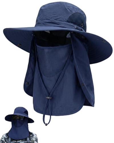 Mens Sun Hat with Neck Flap & Face Cover UPF 50+ Ultimate 360° All Terrain UV Protection Wide Brim Bucket Hats Hiking Fishing - color: Navy