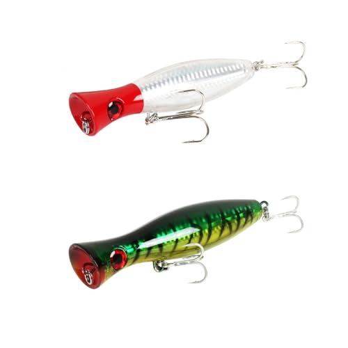 Large Top Water Popper Lure: 2pcs 3D Eyes Tuna Popper Saltwater Fishing Lures for Surf Fishing Gt Tuna Kingfish Large Predator Fish - color: White Green