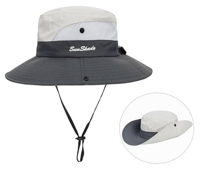 Sun Hat for Women Summer UV Protection Beach Hat Wide Brim Mesh Bucket Fishing Hat with Ponytail Hole Foldable Packable Hat - color: Beige Grey(with Ponytail Hole)