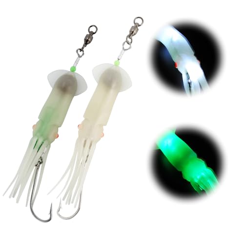 Dr.Fish Saltwater Squid Fishing Lures, 6" LED Lighted Lures 6/0 Hooks Squid Jig Rig Halibut Lincod Jig Offshore Trolling Baits Deep Drop Light Glow in Dark Mackerel Tuna Striper Lures - color: Green&White, size: 6/0 J Hook-6"(2.5oz)