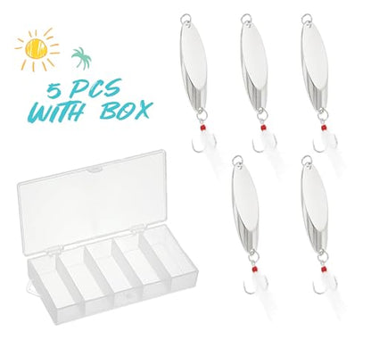 Fishing Spoons Fishing Lures Hard Metal Spinner Baits Reflective Casting Spoon Treble Hooks Jigs for Freshwater Saltwater，5 PCS with Box - color: Silver, size: 1/2oz