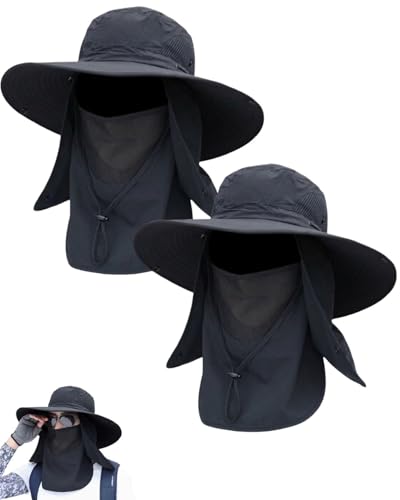 Mens Sun Hat with Neck Flap & Face Cover UPF 50+ Ultimate 360° All Terrain UV Protection Wide Brim Bucket Hats Hiking Fishing - color: 2pcs#a