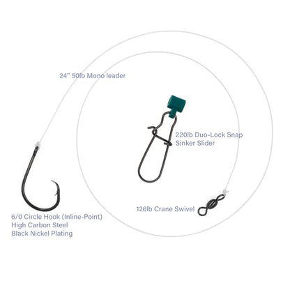 Striped Bass Rigs, 6/0 Inline Circle Hook with 24" 50lb Mono Leader Fish Finder Slider Rigs, 6-Pack Hand-Tied Saltwater Surf Fishing Tackle with 126lb Swivel & 220lb Snap for Striper Fishing