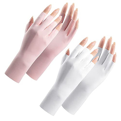 Women Fingerless Gloves Summer UV Protection Gloves Cool Ice Silky Sun Block Driving Unisex - color: Pink+white