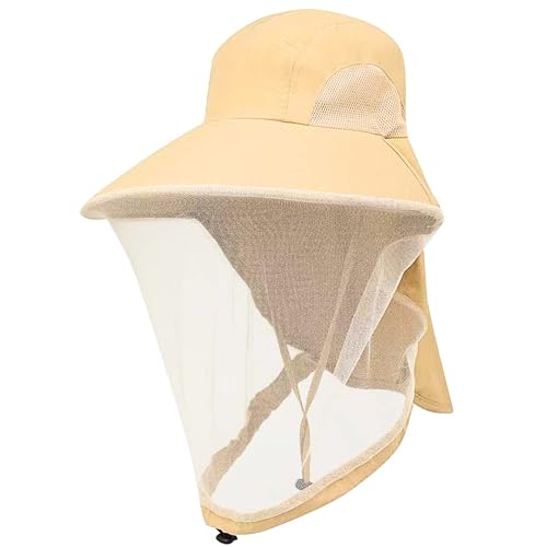 Mosquito Fishing Safari Mesh Net Hat with Neck Flap, Sun Protection Women Men Bug Cap, Hidden Netting Boonie - color: Beige