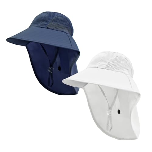Rosoz Kids Sun Hat with Neck Flap UV Protection Summer Toddler Beach Hat Unisex Ponytail Hat Wide Brim Fishing Hat - color: Navy Blue+white