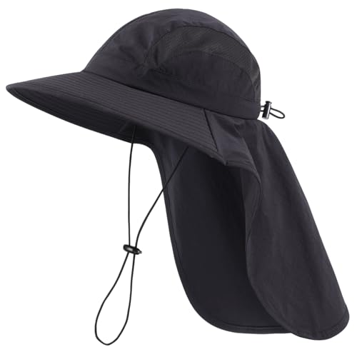 Home Prefer UPF 50+ Sun Hats for Men Women Wide Brim Fishing Hat with Neck Flap UV Protection Sunblock Safari Bucket Hat - color: Black