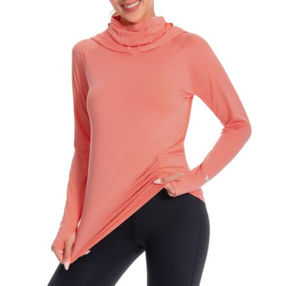 BASSDASH Women’s UPF 50+ Hoodie Shirt with Breathable Face Mask - color: Peach Amber, size: Small