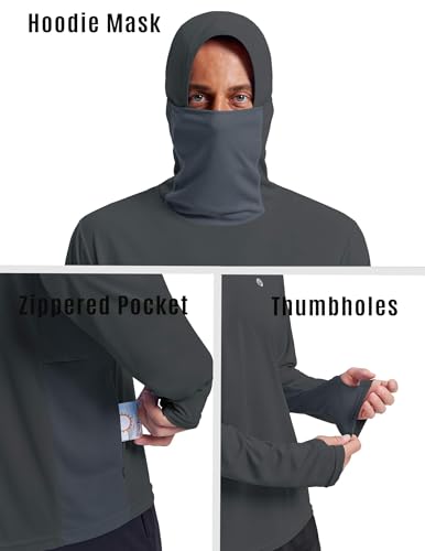 PINSPARK UPF 50+ Sun Protection Hoodie Men with Mask Quick Dry Long Sleeve Fishing Hiking Shirts UV Rash Guard Lightweight - color: Dark Grey, size: Small