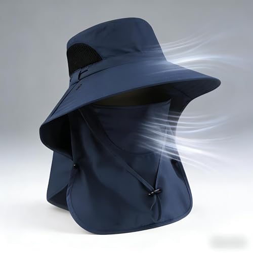 Sun Hat for Men and Women, UPF 50+ UV Protection, Wide Brim Breathable, Fish Hat with Neck Flap and Breathable Face Mask - color: Navy