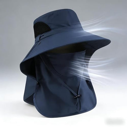 Sun Hat for Men and Women, UPF 50+ UV Protection, Wide Brim Breathable, Fish Hat with Neck Flap and Breathable Face Mask - color: Navy