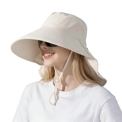 Women Wide-Brim-Bucket-Ponytail-Sun-Hats - Summer UV Protection Sun Hat Foldable Fishing Hat with Neck Flap Pony Hole