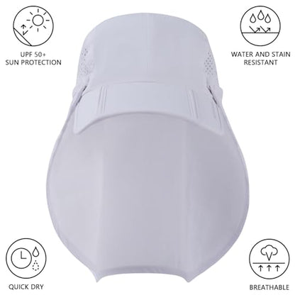 BASSDASH UPF 50+ Foldable Fishing Hat Baseball Cap with Removable Neck Flap Portable for Men Women Golf Hiking - color: White With Foldable Brim