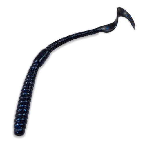 5.5" Pulse Slim Worm Soft Lure for Bass Fishing, Slim Profile Salt Infused Responsive Curl Tail with Ribbed Body & Reinforced Hook Section, 12 Pack - color: Black Blue