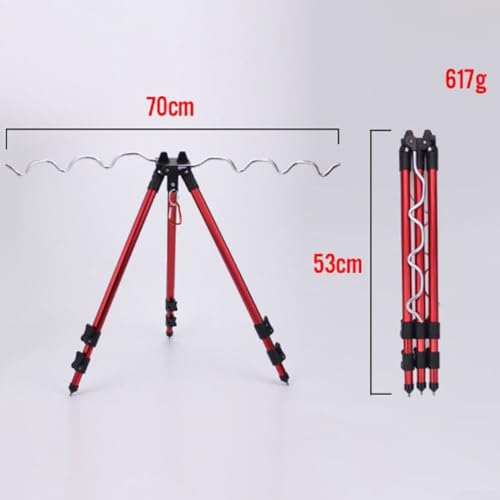 Telescopic Rod Holder Tripod, Aluminum Alloy, 24.4 Inch (Holds 7 Rods) – Adjustable Collapsible Stand with Ground Spikes & Stability Hook for Bank Shore Surf Casting (Silver) - color: B Red