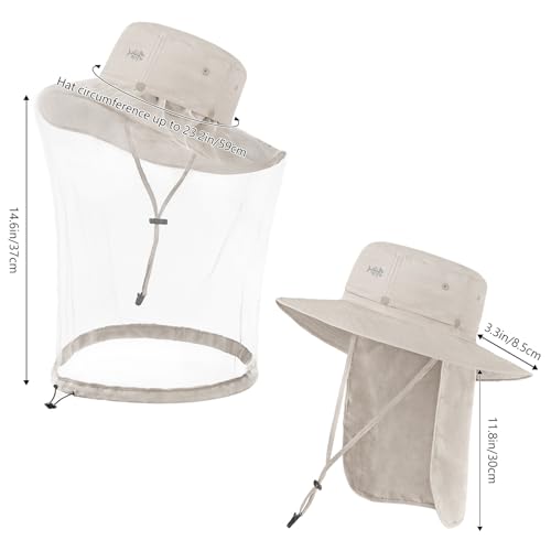 BASSDASH UPF 50+ Mosquito Sun Hat with Hidden Head Net and Neck Flap for Men Women Outdoor Fishing Hiking Camping - color: Beige