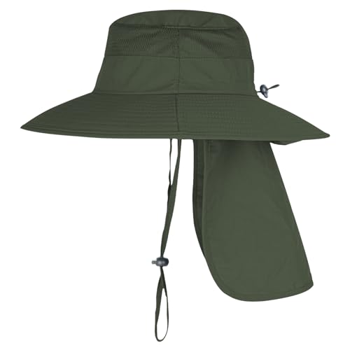 Sun Hats for Men Women Fishing Hat UPF 50+ Breathable Wide Brim Bucket Hats Summer UV Protection Safari Hat with Neck Flap - color: Army Green