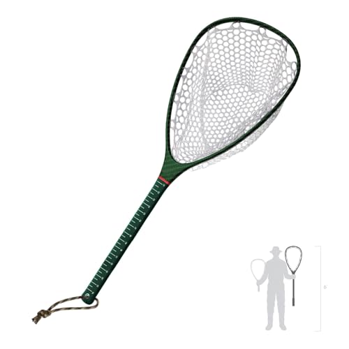 Riverruns Fly Fishing Landing Net Carbon Fiber Trout Net with Measurement Handle, Soft Rubber Mesh - 26" Standard (Wading) / 37" Long (Kayak) - color: 37" Kayak Net (Long) - Green 3K Woven