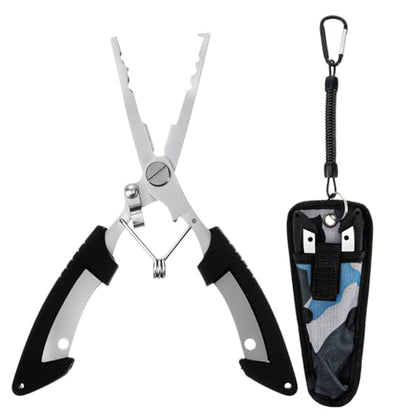 Xindojuz 1 PCS Fishing Pliers Hook Remover, Fishing Scissors Line Cutter, Split Ring Fishings Pliers Saltwater with Safety Lock, Stainless Steel Fishings Tools with Sheath, Gifts for Men Women