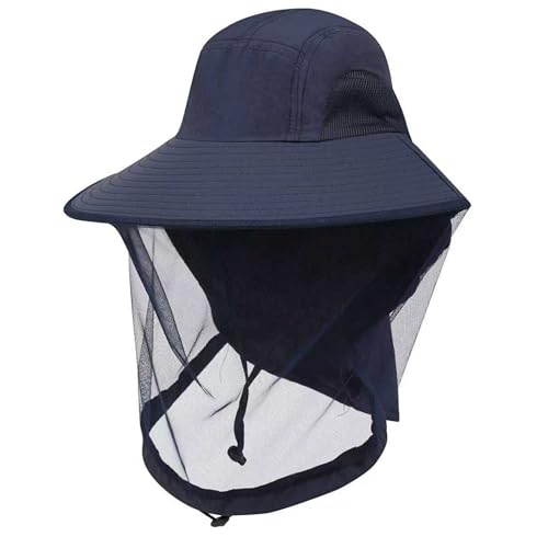 Mosquito Fishing Safari Mesh Net Hat with Neck Flap, Sun Protection Women Men Bug Cap, Hidden Netting Boonie - color: Navy