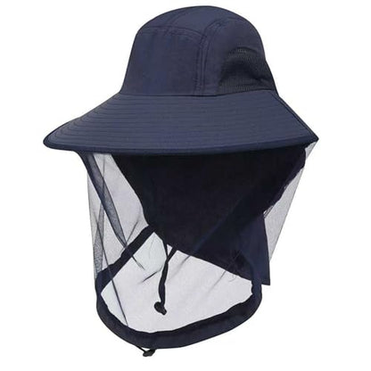 Mosquito Fishing Safari Mesh Net Hat with Neck Flap, Sun Protection Women Men Bug Cap, Hidden Netting Boonie - color: Navy
