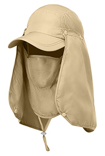 Sun Cap Fishing Hat for Men & Women, UV Protection, Lightweight Baseball Hat, Detachable Neck Flap & Face Cover, Windproof - color: Khaki