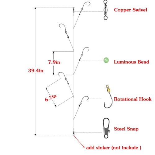 Fishing Hook with Leader,5 Hooks Fishing Rig-7 Strands Nylon Coated Fishing Leader with Swivle,Snap,Hooks - color: 5 hooks rig, size: 13#
