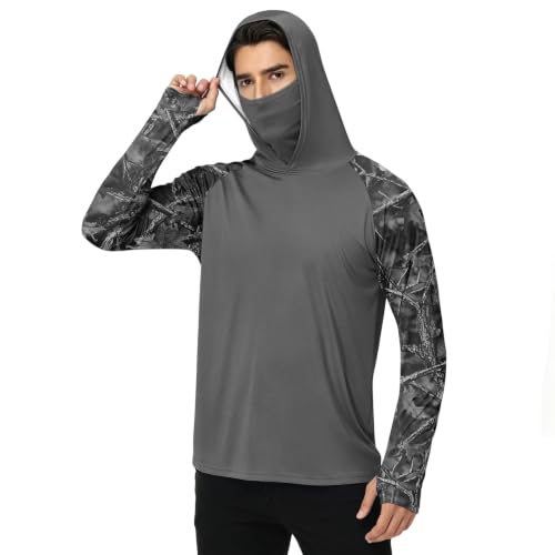 Men's UPF 50+ UV Protection Fishing Shirt with Face Mask Long Sleeve Quick Dry Breathable Sun Hoodie for Beach - color: A Black, size: Large