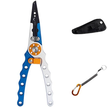 Aluminum Fishing Pliers with Hook Remover, Deep Throat Split Ring Tool, Lightweight Braid Line Cutters, Crimping Sleeves, Anti Lost Lanyard and Nylon Sheath for Saltwater